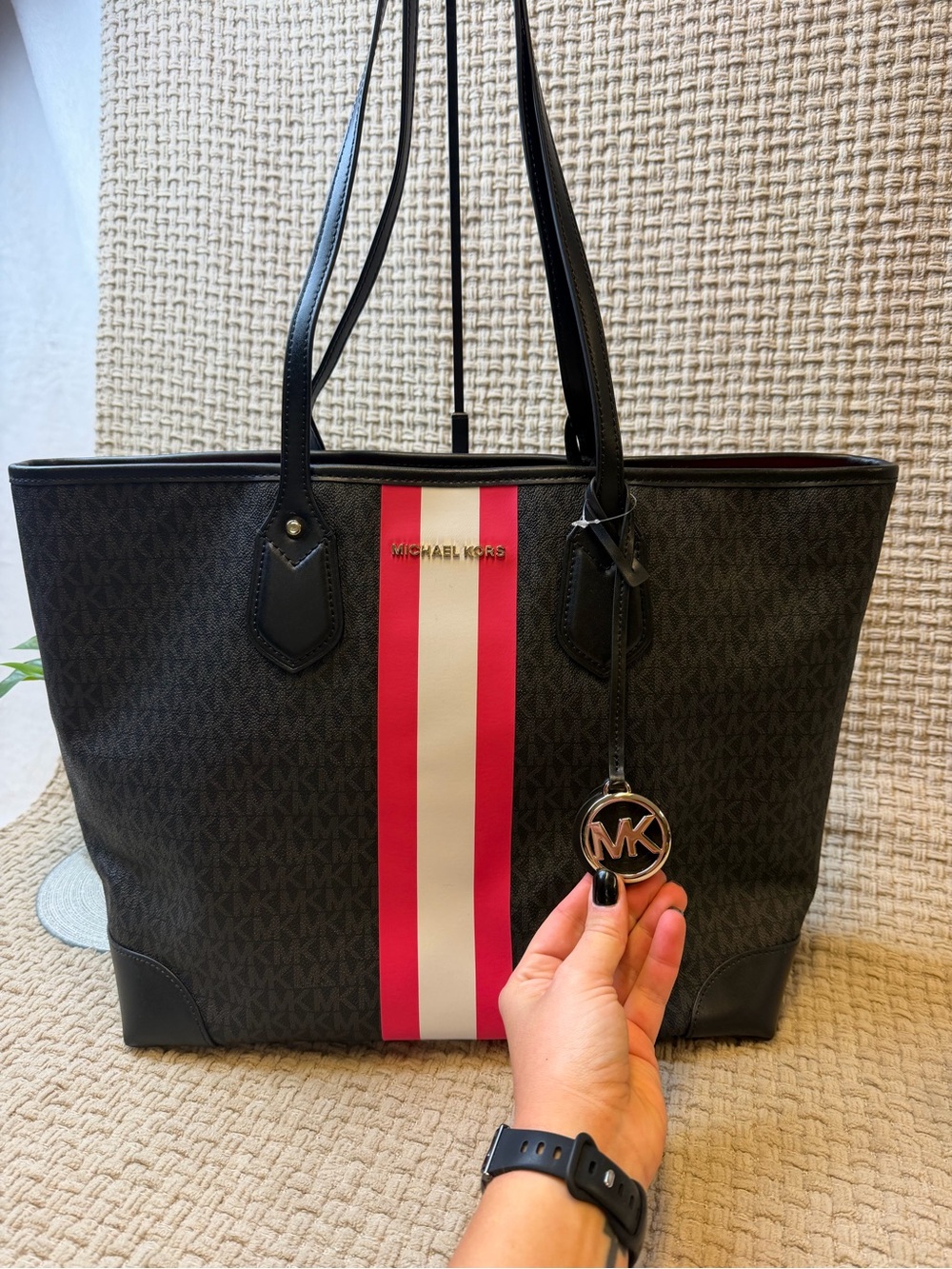 Michael Kors Black Tote with Pink and White Center Stripe